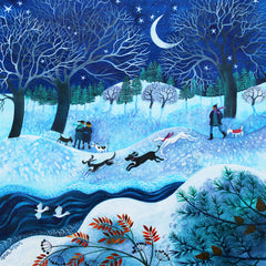 Art greeting card by Lisa Graa Jensen. Dog walkers in snowy woods with dogs running and a crescent moon.