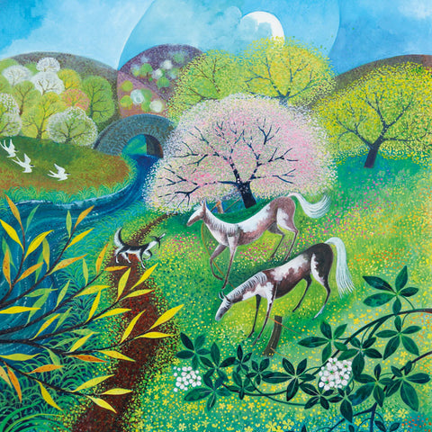 Art greeting card by Lisa Graa Jensen. Two horses in a meadow with trees, a river and a dog.