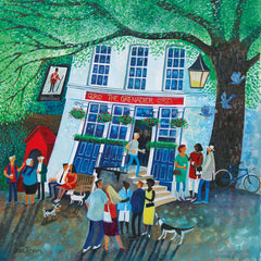 Art greeting card by Lisa Graa Jensen. People gathered outside a pub standing under a big tree. A happy scene with 3 dogs and pigeons.