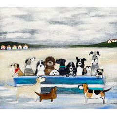Art Greeting Card by Louise Rawlings, 11 dogs in a boat on the beach, 3 dogs standing in the sea