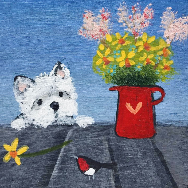 Art Greeting Card by Louise Rawlings, Dog looking at a robin on the table next to a jug with flowers