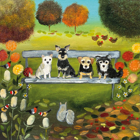 Art greeting card by Louise Rawlings. Four little dogs sitting on a bench with Goldfiches and trees.
