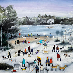 Art greeting card by Louise Rawlings. A winter scene with lots of dog walkers and dogs by a lake.