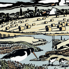 Art Greeting Card by Max Angus, Oystercatchers in marsh near field with hay bales