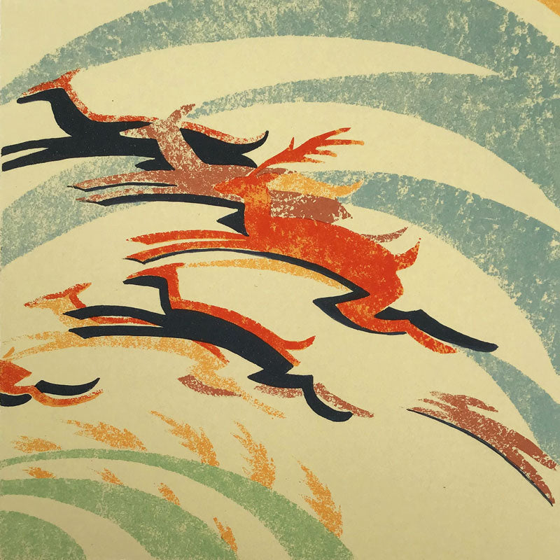 Art Greeting Card by Mychael Barrat, Dogs and deer running, in the style of Sybil Andrews