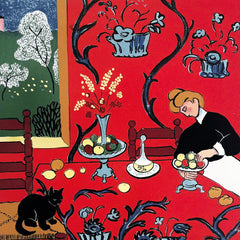 Art greeting card by Mychael Barratt. An artist's impression of a Matisse painting. A woman at a table with a black cat. Red decorative wall paper and table cloth. 