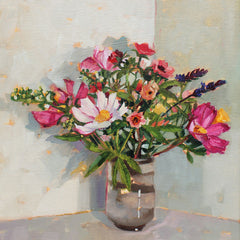 Art greeting card by Anne-Marie Butlin. Colourful flowers in a vase.