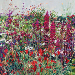 Art greeting card by Anne-Marie Butlin. A wild garden with pink, red and white flowers.