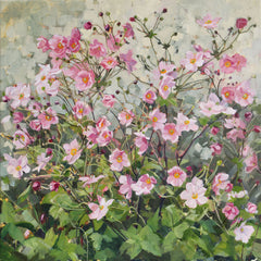 Art greeting card by Anne-Marie Butlin. Pink Japanese Anemones.