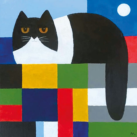 Art greeting card by Martin Leman RBA. A black and white cat lying on a patchwork coloured wall with a moon.