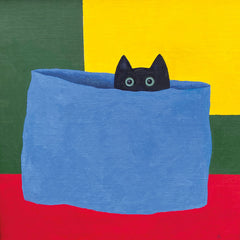 Art Greeting Card by Martin Leman, Black cat peeping out of blue bag