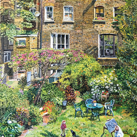 Art greeting card by Melissa Scott-Miller. A back garden with trees and plants, a child and a dog and an artist painting.
