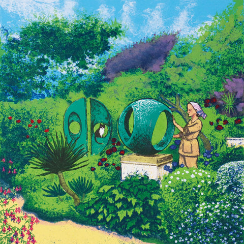 Art greeting card by Mychael Barratt RE. Black and white cat in a garden painted in the style of Barbara Hepworth.