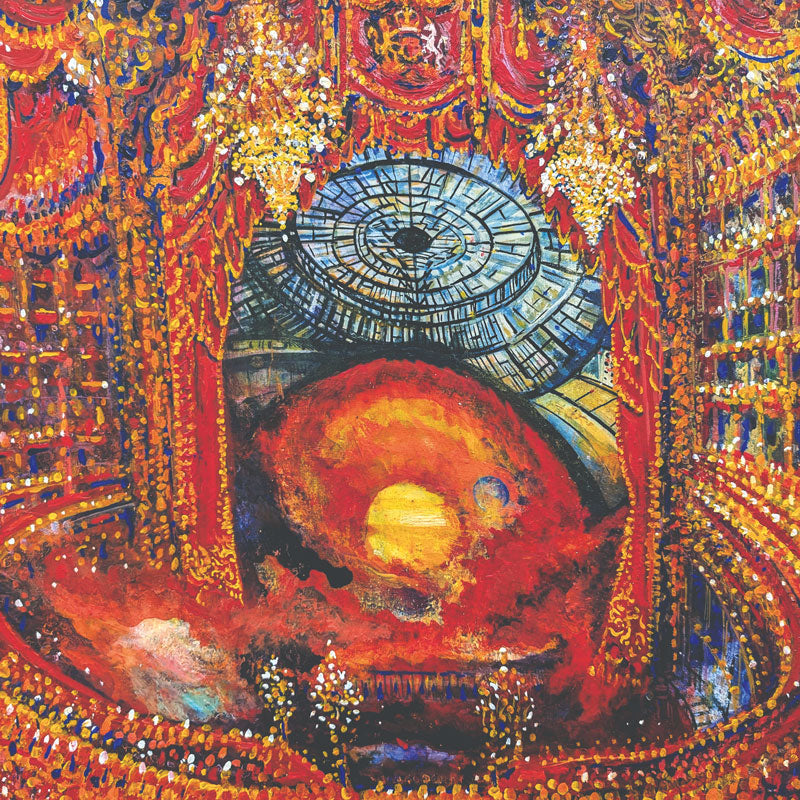 Art greeting card by Neil Pittaway NEAC. Painting of the inside of a beautiful red and gold theatre.