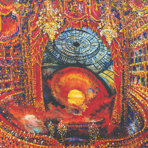 Art greeting card by Neil Pittaway NEAC. Painting of the inside of a beautiful red and gold theatre.