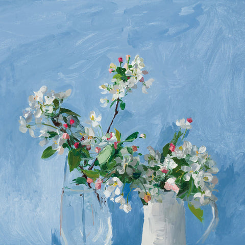 Art greeting card by Laura Smith NEAC. White and pink blossom in a vase and a white jug with a light blue background.
