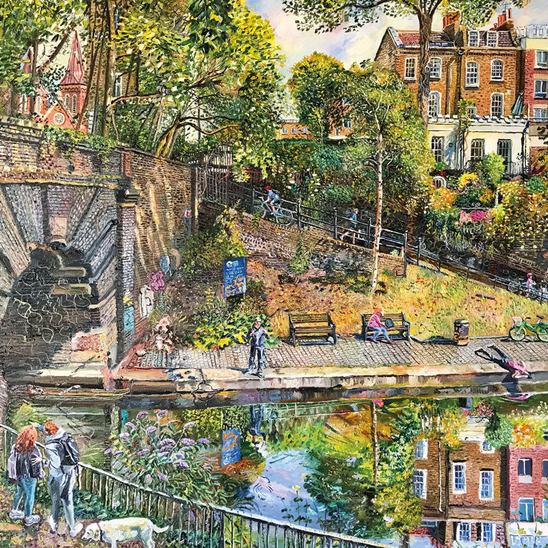 Art greeting card by Melissa Scott-Miller NEAC. Busy London scene with a bridge and river, people, houses, trees and a dog.