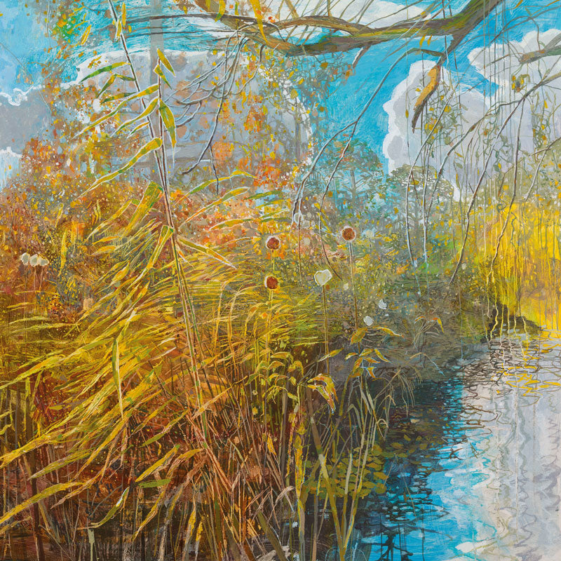 Art greeting card by Ruth Stage NEAC. Abstract painting with blue water and blue sky, golden grasses and leaves with a tree branch over the river.
