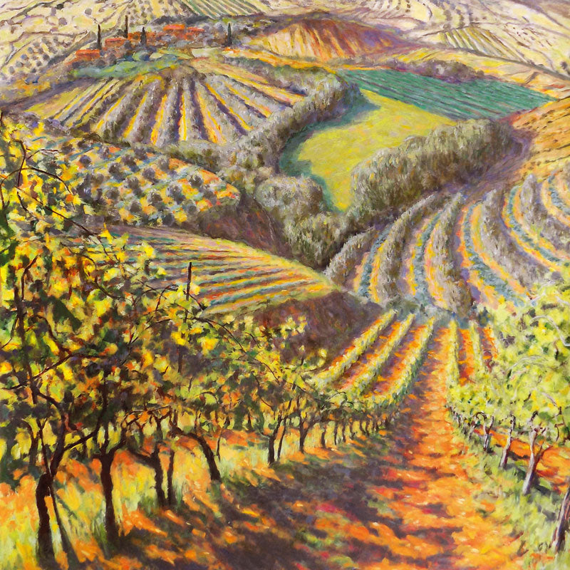 Art greeting card by Patrick Cullen NEAC. Landscape painting with olive groves and vineyards.