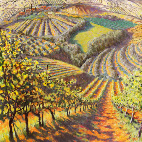 Art greeting card by Patrick Cullen NEAC. Landscape painting with olive groves and vineyards.