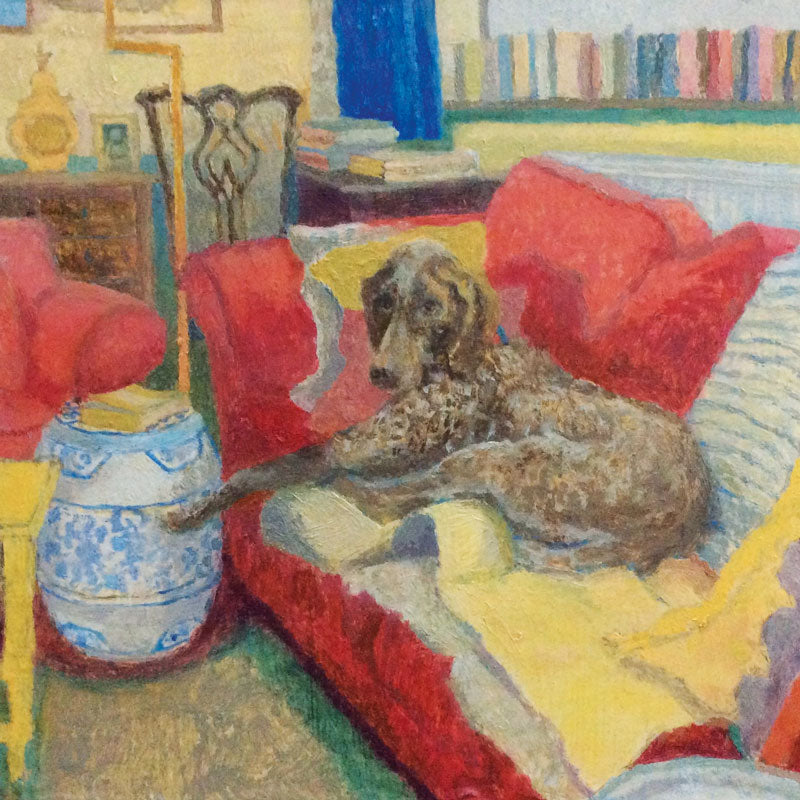 Art greeting card by Victoria Jinivizian NEAC. A brown dog lying on a red sofa with blankets. In a colouful living room.