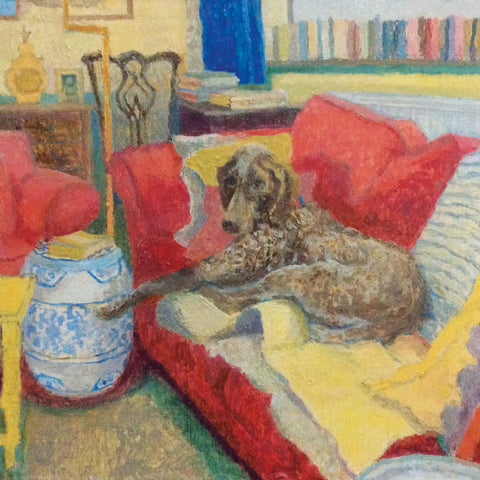 Art greeting card by Victoria Jinivizian NEAC. A brown dog lying on a red sofa with blankets. In a colouful living room.