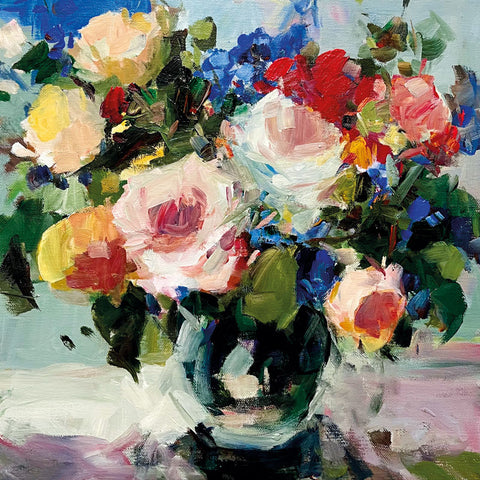 Art greeting card by Parastoo Ganjei. Beautiful and colourful painting of roses and other flowers in a vase. Reds, pinks, blue and yellow.