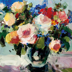 Art greeting card by Parastoo Ganjei. Beautiful and colourful painting of roses and other flowers in a vase. Reds, pinks, blue and yellow.