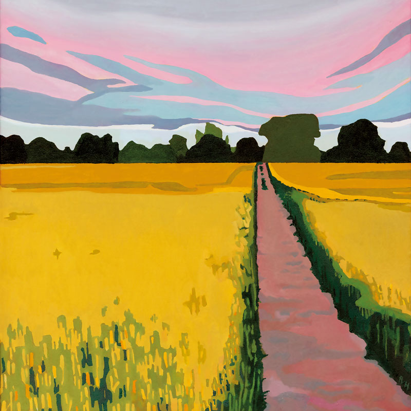 Art Greeting Card by Rebecca Howard, Oilpainting of path through yellow field with pink sky