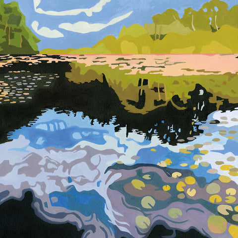 Art Greeting Card by Rebecca Howard, Oil painting of landscape by the water with lily pads 