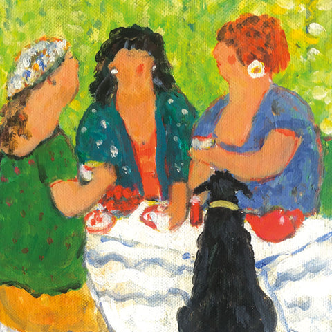 Art greeting card by Rosemary Carruthers. Three women having a cream tea in the garden with a black dog sitting with them.