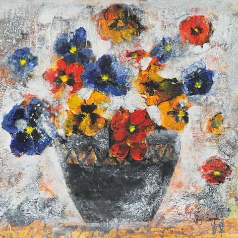 Art greeting card by Rosa Sepple RI. Blue, red and yellow violets in a grey vase.