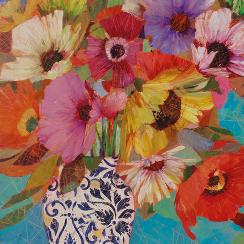 Art Greeting Card by Sally-Anne Fitter, multicoloured flowers in vase