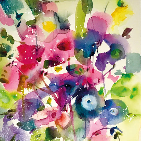 Art greeting card by Sue Howells RWS. A watercolour abstract painting  of colourful flowers, pink, blue, yellow and green. 