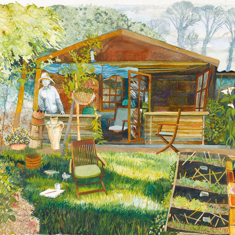 Art Greeting Card by Stewart Smith, A man standing outside his shed, looking at the garden
