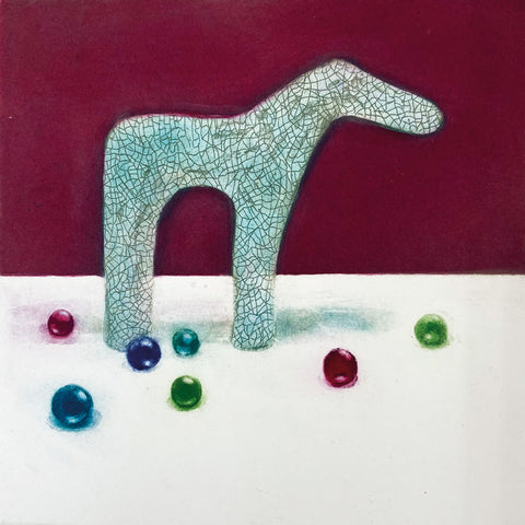 Art greeting card by Susie Perring. Abstract pottery horse on a white surface with coloured marbles and a red background.