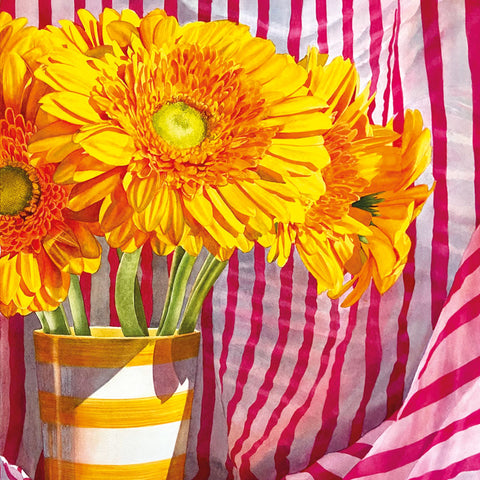 Art greeting card by Tracy Love. big yellow flowers in a stripy vase against pink and white fabric.