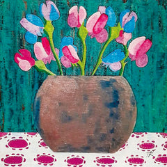 Art greeting card by Tracy Reeves. A round bronze vase with pink and blue Sweet Peas on a patterned table cloth with blue background.