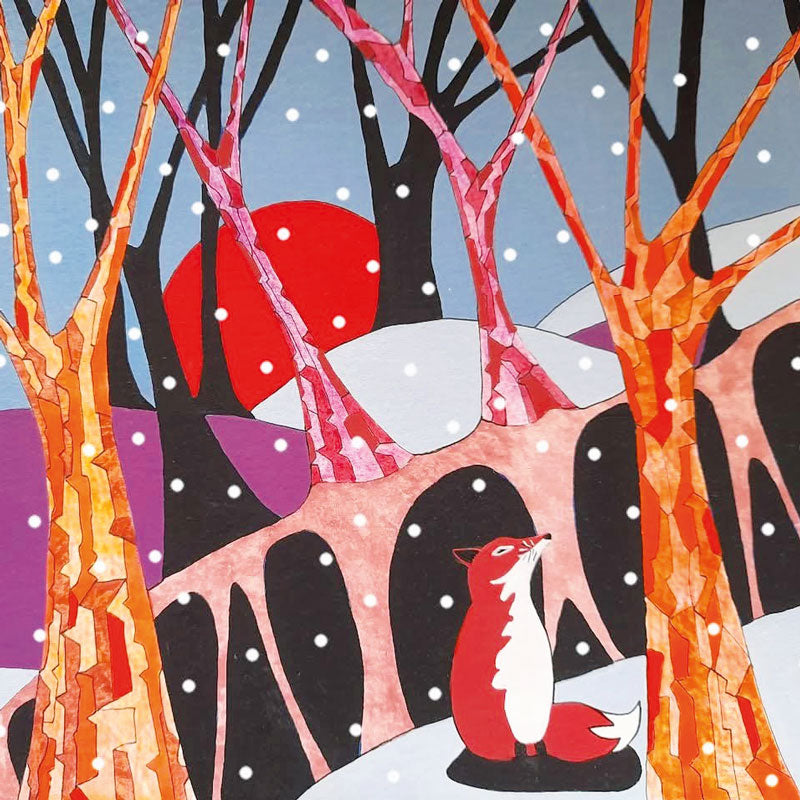 Art greeting card by Tracy Reeves. A fox sitting amoungst winter trees with snow and a sunset.