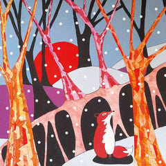 Art greeting card by Tracy Reeves. A fox sitting amoungst winter trees with snow and a sunset.