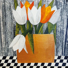 Art greeting card by Tracy Reeves. Orange and white tulips in a bronze square vase. Black and white background.