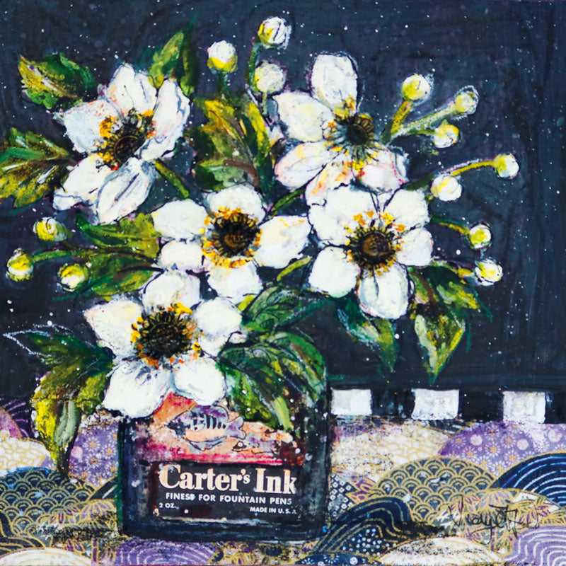 Art greeting card by Vicky Oldfield RBA. White Hellebores in a Cartter's Ink jar with a dark patterned background.