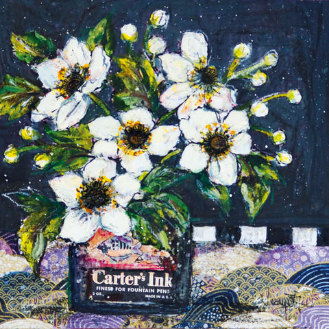 Art greeting card by Vicky Oldfield RBA. White Hellebores in a Cartter's Ink jar with a dark patterned background.