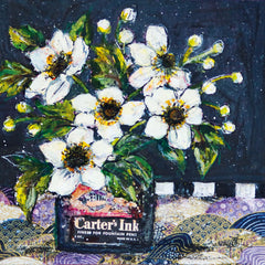 Art greeting card by Vicky Oldfield RBA. White Hellebores in a Cartter's Ink jar with a dark patterned background.
