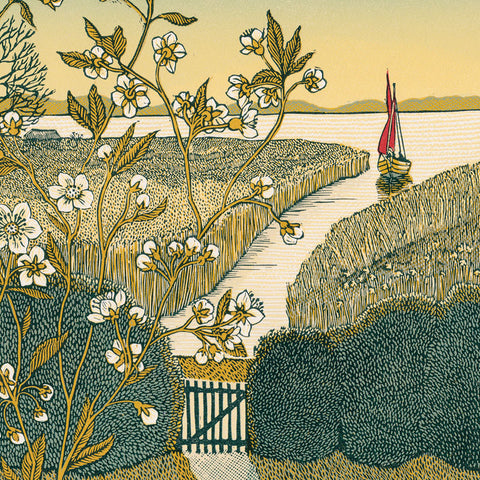 Art greeting card by Vanessa Lubach RE. Lincut of a small sailing boat coming down a river with hedges and blossom.