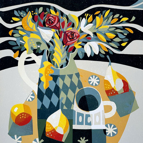 Art greeting card by Jane Walker RE. Linoct - vase of flowers with a mug and oranges and pears on the table. Abstract style.