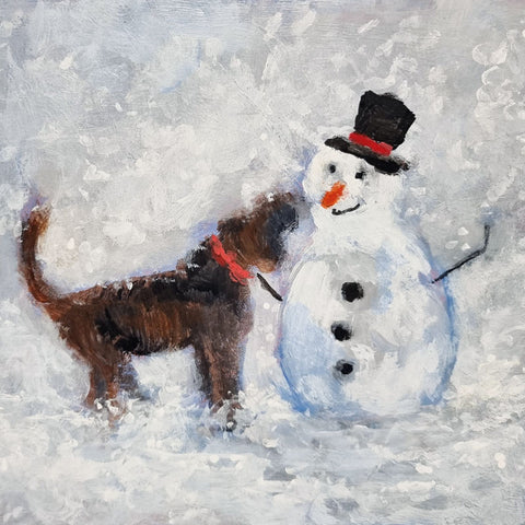 Art Greeting Card by Jenny Handley, Dog sniffing snowman's carrot nose