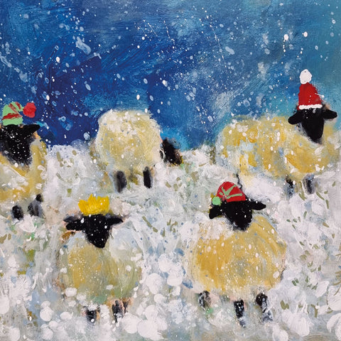 Art Greeting Card by Jenny Handley, Four sheep in the snow wearing hats, a fifth sheep with no hat turned the other way
