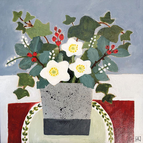 Christmas cards by Jill Leman. Winter flowers and berries in a grey vase on a red table cloth.