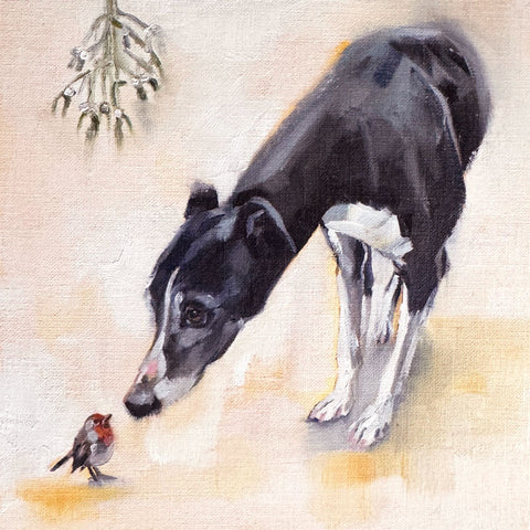 Christmas cards by Julie Brunn. A Greyhound and a Robin together with Mistletoe.
